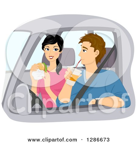 Clipart of a Happy Asian Woman and Caucasian Man Couple Drinking and Eating Fast Food in a Car - Royalty Free Vector Illustration by BNP Design Studio