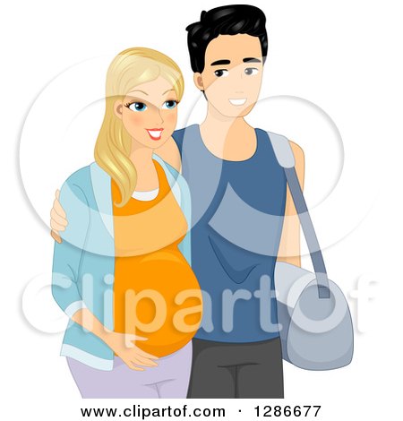 Clipart of a Happy Blond White Pregnant Woman and Her Asian Husband Walking - Royalty Free Vector Illustration by BNP Design Studio