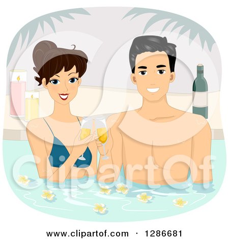 Clipart of a Happy Brunette White Woman and Asian Man Couple Soaking and Cheering with Champagne in a Fragrant Outdoor Bath - Royalty Free Vector Illustration by BNP Design Studio
