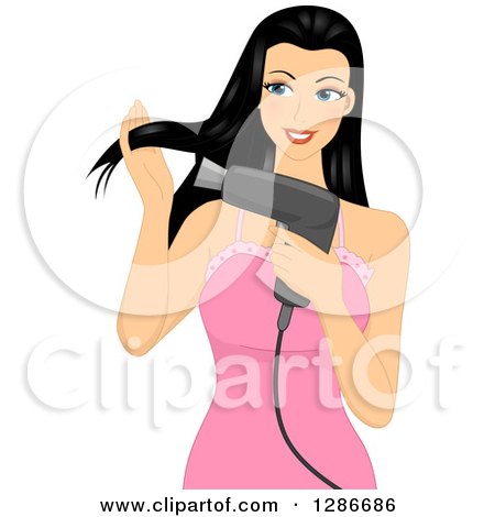 Clipart of a Pretty Young Asian Woman Blow Drying Her Hair - Royalty Free Vector Illustration by BNP Design Studio