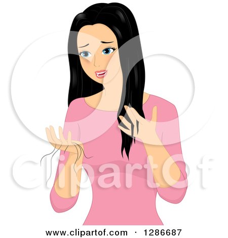 Clipart of a Upset Young Asian Woman Discovering Her Hair Falling out - Royalty Free Vector Illustration by BNP Design Studio