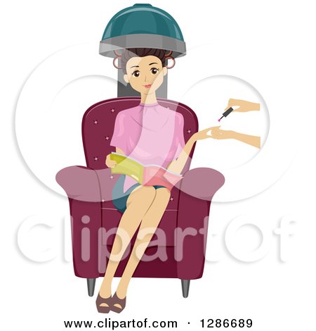 Clipart of a Young Brunette White Woman Reading a Magazine, Getting a Manicure and Sitting in a Hair Dryer - Royalty Free Vector Illustration by BNP Design Studio
