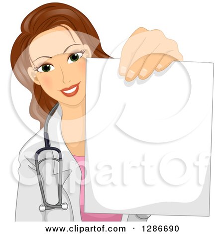 Clipart of a Young Brunette White Female Docrot Holding out a Piece of Paper - Royalty Free Vector Illustration by BNP Design Studio