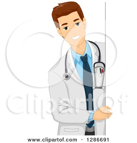 Clipart of a Young Brunette White Male Doctor Looking Around a Sign - Royalty Free Vector Illustration by BNP Design Studio