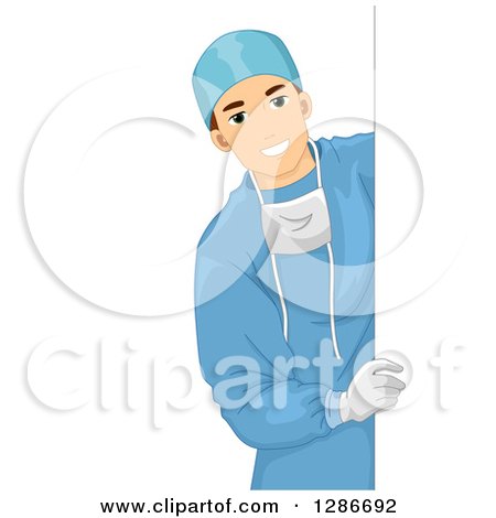 Clipart of a Young Brunette White Male Doctor Surgeon Looking Around a Sign - Royalty Free Vector Illustration by BNP Design Studio