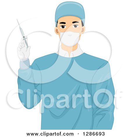 Clipart of a Young Male Doctor Surgeon Holding an Injection or Syringe - Royalty Free Vector Illustration by BNP Design Studio