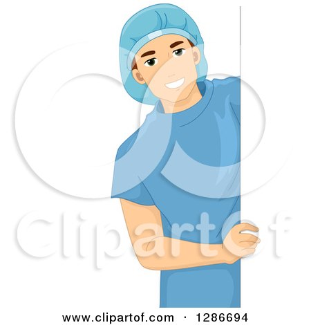 Clipart of a Young Brunette White Male Doctor Surgeon or Patient in Scrubs, Looking Around a Sign - Royalty Free Vector Illustration by BNP Design Studio