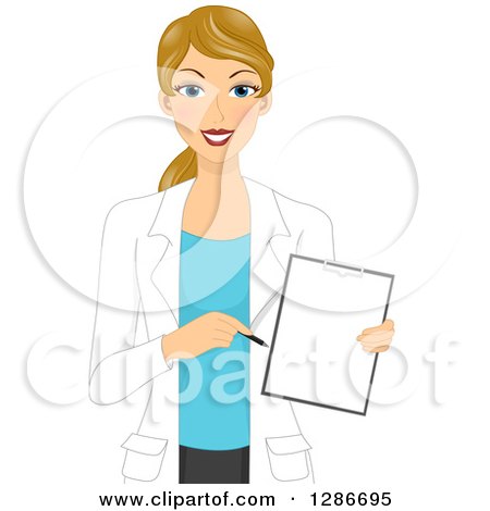 Clipart of a Young Blond White Female Doctor Discussing a Medical Chart - Royalty Free Vector Illustration by BNP Design Studio