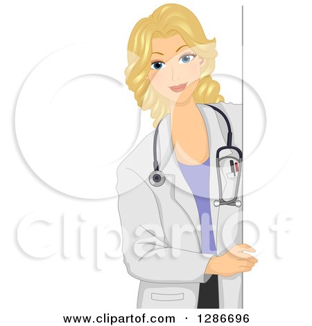 Clipart of a Happy Blond White Female Doctor Looking Around a Sign - Royalty Free Vector Illustration by BNP Design Studio