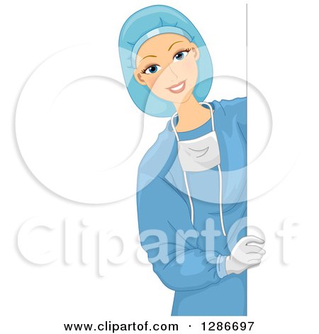 Clipart of a Happy Young White Female Doctor Surgeon in Scrubs, Looking Around a Sign - Royalty Free Vector Illustration by BNP Design Studio