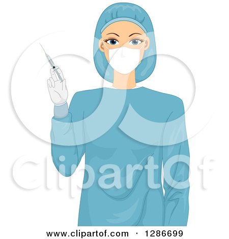 Clipart of a Happy Young White Female Doctor Surgeon in Scrubs, Holding a Syringe - Royalty Free Vector Illustration by BNP Design Studio