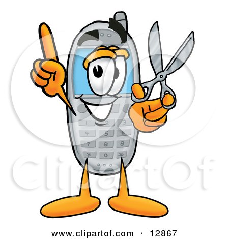 Clipart Picture of a Wireless Cellular Telephone Mascot Cartoon Character Holding a Pair of Scissors by Mascot Junction