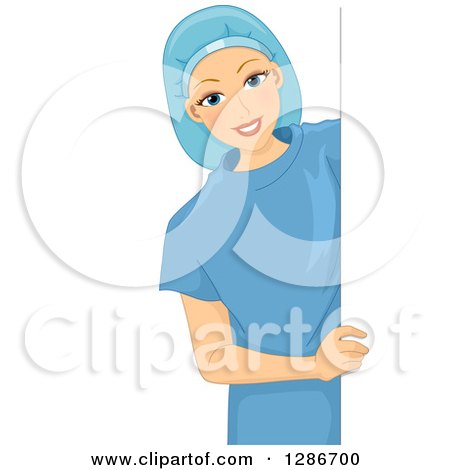 Clipart of a Happy Young White Female Doctor Surgeon or Patient in Scrubs, Smiling Around a Sign - Royalty Free Vector Illustration by BNP Design Studio
