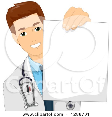 Clipart of a Young Brunette White Male Doctor Holding out a Piece of Blank Paper - Royalty Free Vector Illustration by BNP Design Studio