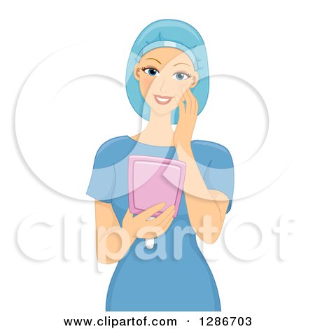 Clipart of a Happy Young White Female Patient in Scrubs, Looking at Her Newly Reconstruction Face in a Mirror - Royalty Free Vector Illustration by BNP Design Studio