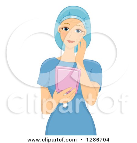 Clipart of a Unhappy Young White Female Patient in Scrubs, Looking at Her Face in a Mirror - Royalty Free Vector Illustration by BNP Design Studio
