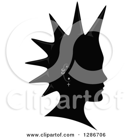 Clipart of a Grayscale Profiled Man's Head with a Spiked Mohawk and Piercings - Royalty Free Vector Illustration by BNP Design Studio