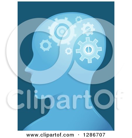 Clipart of a Blue Male Head in Profile with Cog Wheels Working in His Brain - Royalty Free Vector Illustration by BNP Design Studio