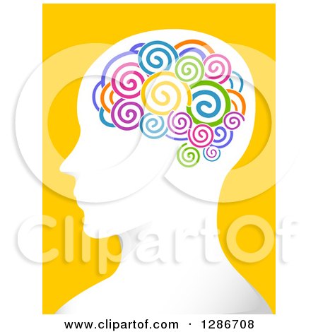 Clipart of a White Man's Head in Profile with Colorful Spirals in His Brain, over Yellow - Royalty Free Vector Illustration by BNP Design Studio