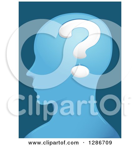 Clipart of a Blue Male Head in Profile with a Big Question Mark in His Brain - Royalty Free Vector Illustration by BNP Design Studio