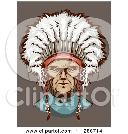 Clipart of a Portrait of a Native American Indian Man with a Feathered Headdress over Brown - Royalty Free Vector Illustration by BNP Design Studio