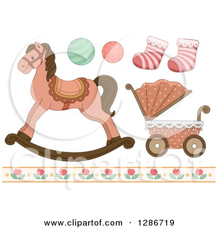 Clipart of Vintage Baby Toys, Socks, Floral Border, a Carriage and Rocking Horse - Royalty Free Vector Illustration by BNP Design Studio