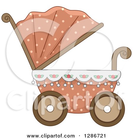 Clipart of a Pink and Floral Baby Carriage Pram - Royalty Free Vector Illustration by BNP Design Studio