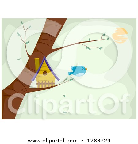 Clipart of a Blue Bird Flying Away from a House in a Tree, over Green - Royalty Free Vector Illustration by BNP Design Studio