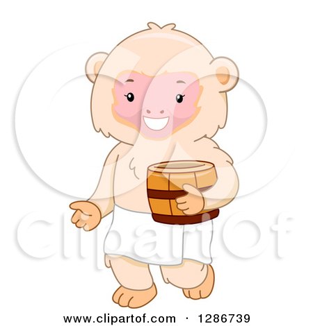 Clipart of a Happy Macaque Monkey Holding a Barrel and Ready for a Bath at a Hot Spring - Royalty Free Vector Illustration by BNP Design Studio