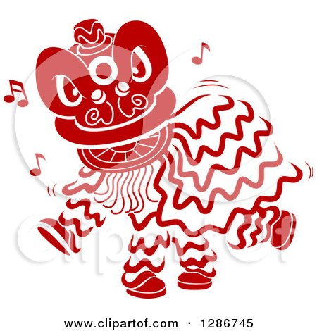 Clipart of a Red Stencil Styled Chinese Dancing Lion - Royalty Free Vector Illustration by BNP Design Studio