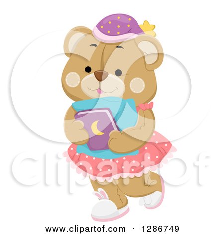 Clipart of a Cute Female Teddy Bear Carrying a Bed Time Story Book and Pillow - Royalty Free Vector Illustration by BNP Design Studio