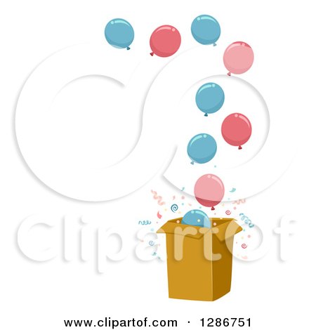 Clipart of a Gender Reveal Box with Both Pink and Blue Party Balloons Floating out of It, with Text Space - Royalty Free Vector Illustration by BNP Design Studio