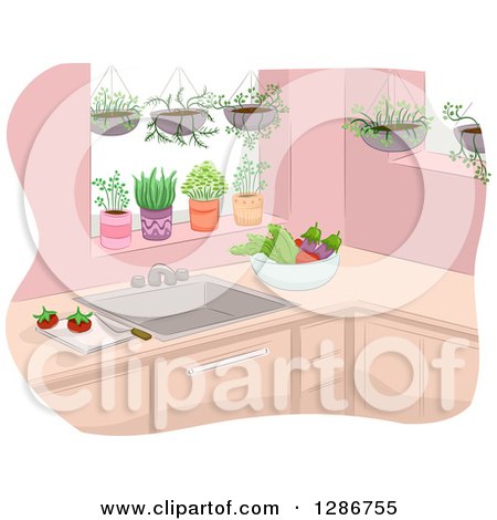 Clipart of a Kitchen with Hanging and Potted Plants and Vegetables on the Counter - Royalty Free Vector Illustration by BNP Design Studio