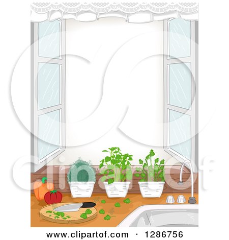 Clipart of a Kitchen Window with an Herb Garden, Cutting Board and Window Frame - Royalty Free Vector Illustration by BNP Design Studio