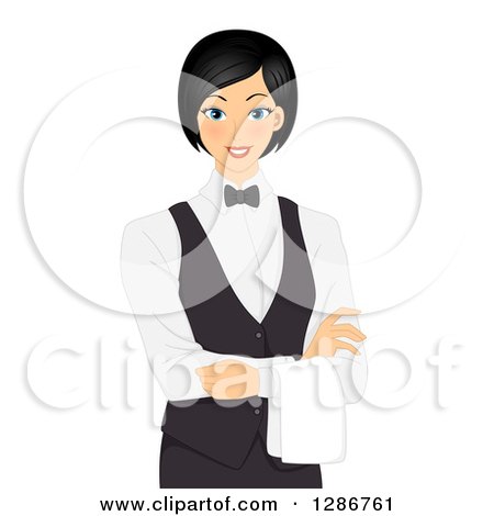 Clipart of a Happy Asian Female Waitress with a Napkin - Royalty Free Vector Illustration by BNP Design Studio