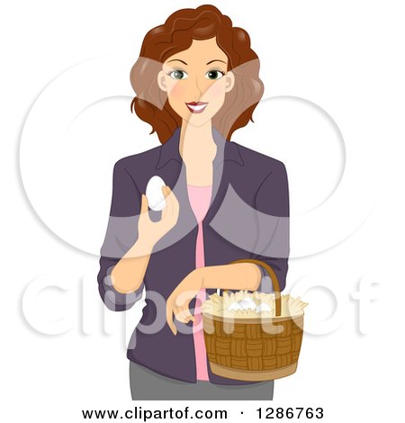 Clipart of a Happy Brunette White Woman Gathering Chicken Eggs in a Basket - Royalty Free Vector Illustration by BNP Design Studio