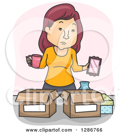 Clipart of a Cartoon White Woman Going Through Belongings and Packing - Royalty Free Vector Illustration by BNP Design Studio