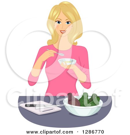 Clipart of a Happy Blond White Woman Eating an Avocado Mash - Royalty Free Vector Illustration by BNP Design Studio