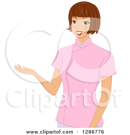 Clipart of a Friendly Brunette White Spa Therapist Presenting - Royalty Free Vector Illustration by BNP Design Studio