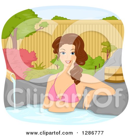 Clipart of a Happy Brunette White Woman Soaking on a Hot Spring Spa - Royalty Free Vector Illustration by BNP Design Studio