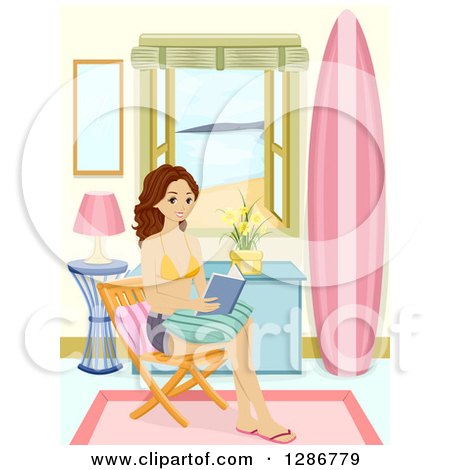 Clipart of a Happy Brunette White Young Woman Reading by a Window Looking out at a Beach - Royalty Free Vector Illustration by BNP Design Studio