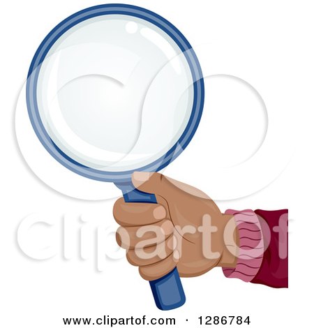 Clipart of a Black Haand Holding out a Blue Magnifying Glass - Royalty Free Vector Illustration by BNP Design Studio