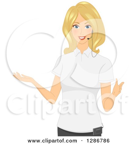 Clipart of a Friendly Blond White Female Tour Guide Gesutring and Wearing a Headset - Royalty Free Vector Illustration by BNP Design Studio