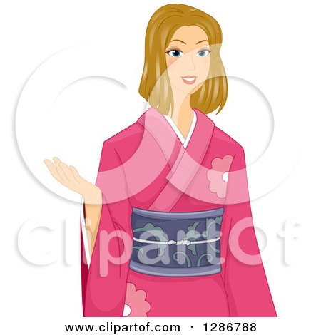 Clipart of a Dirty Blond White Woman Presenting and Wearing a Kimono - Royalty Free Vector Illustration by BNP Design Studio