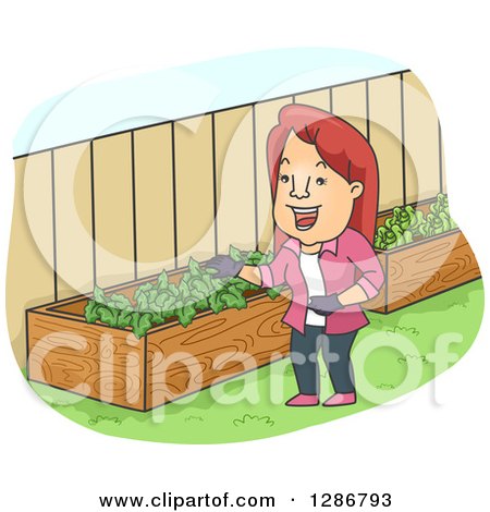 Clipart of a Happy White Cartoon Woman Checking out Her Raised Garden Beds - Royalty Free Vector Illustration by BNP Design Studio