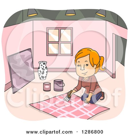 Clipart of a Happy Red Haired White Woman Stage Art Designer Painting in a Room - Royalty Free Vector Illustration by BNP Design Studio