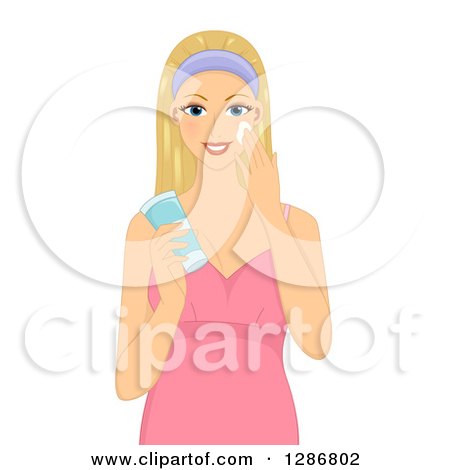 Clipart of a Happy Blond White Woman Applying a Facial Cream - Royalty Free Vector Illustration by BNP Design Studio