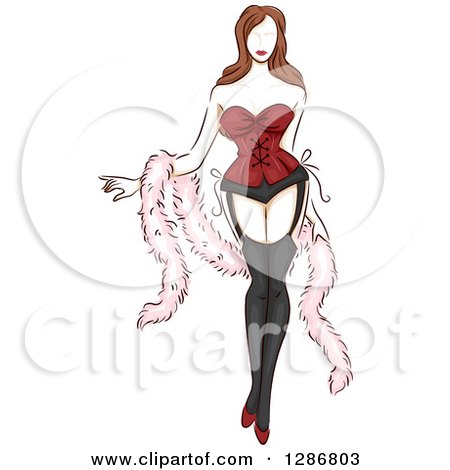 Clipart of a Sketched Lingerie Model in a Corset, Garter Belt and Feather Boa - Royalty Free Vector Illustration by BNP Design Studio