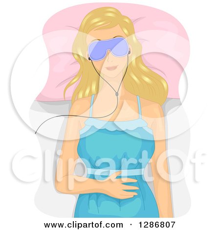 Clipart of a Blond White Woman Sleeping with an Eye Mask and Music Ear Buds - Royalty Free Vector Illustration by BNP Design Studio