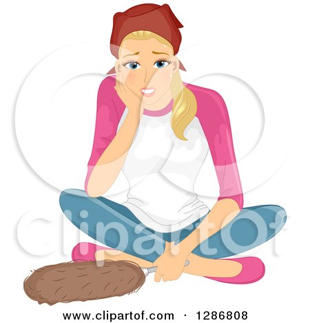 Clipart of a Tired Blond White Woma Resting After Dusting and Cleaning - Royalty Free Vector Illustration by BNP Design Studio